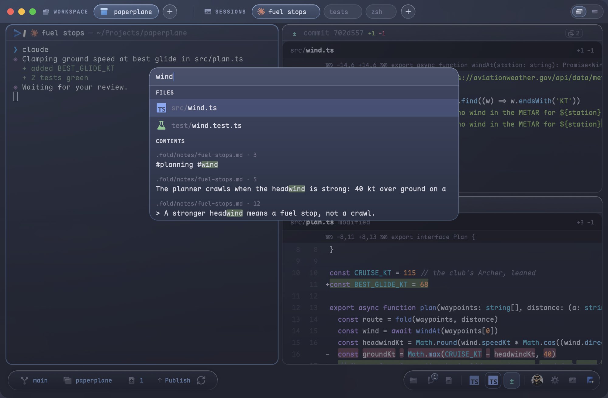 The ⌘P search open over the terminal, listing files, content matches and a command for "wind"